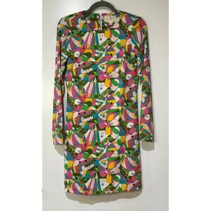 Flora Bea NYC Shift Dress Ivory La Sirene Sz Small NWT Long Sleeves 60s Colorful